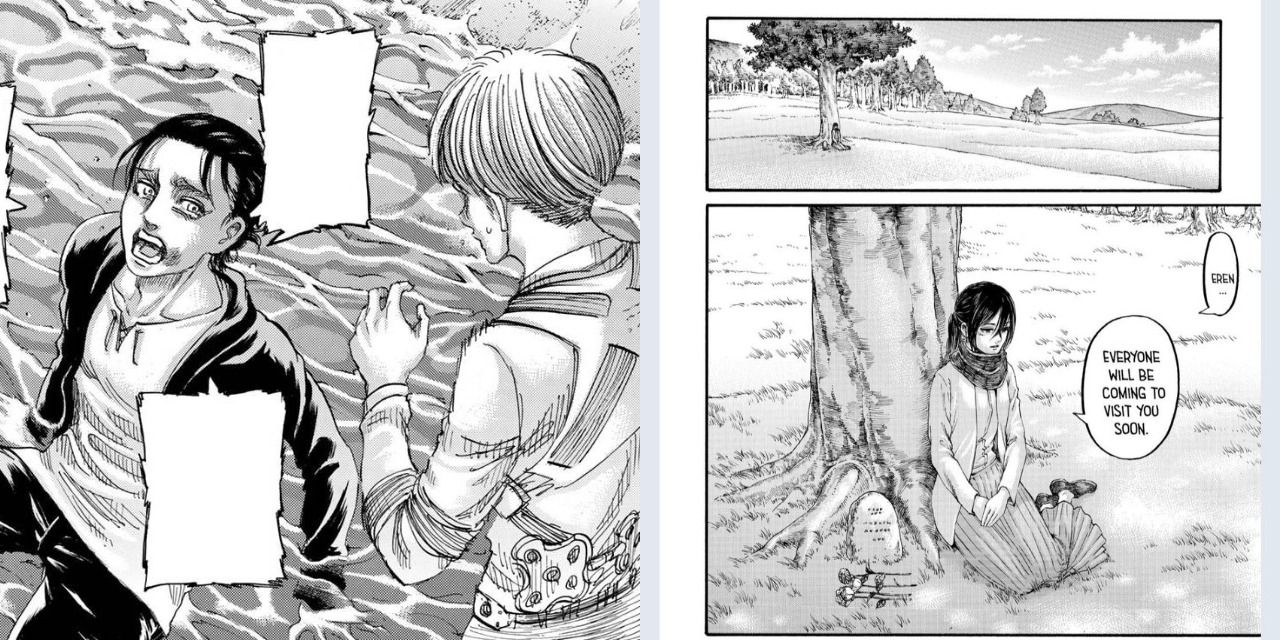 Attack On Titan - Manga: Eren admitting his feelings for Mikasa to Armin and Mikasa sitting at Eren's grave.