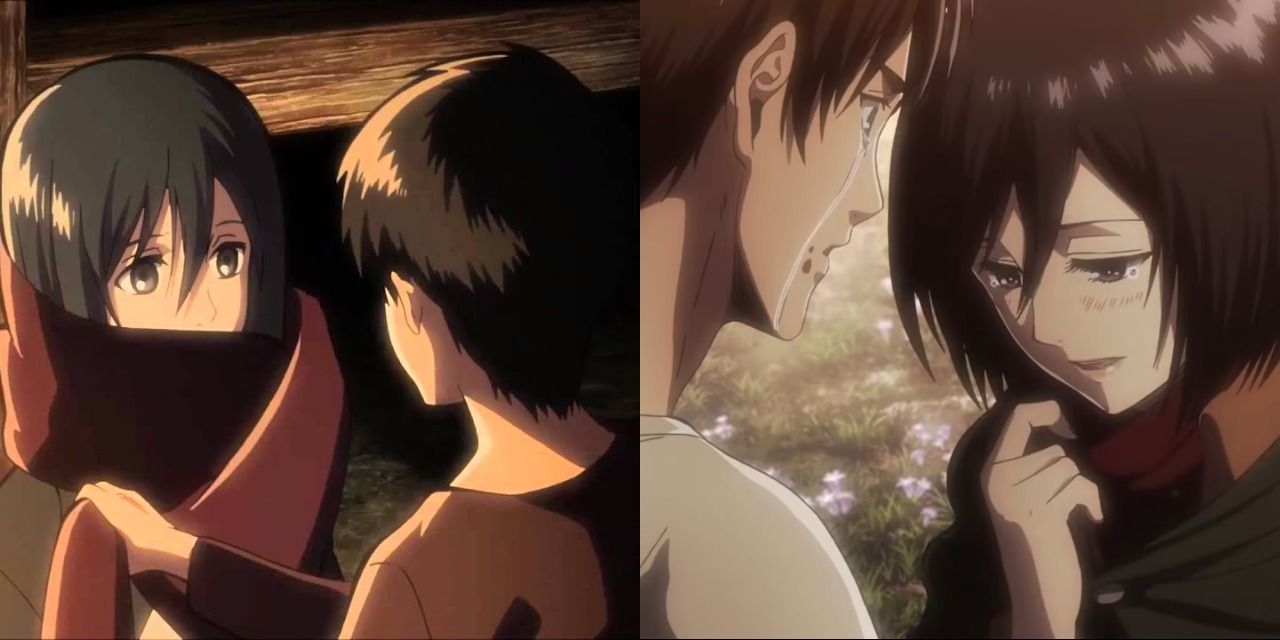 Attack On Titan: Eren giving Mikasa his scarf in childhood and in the Corps