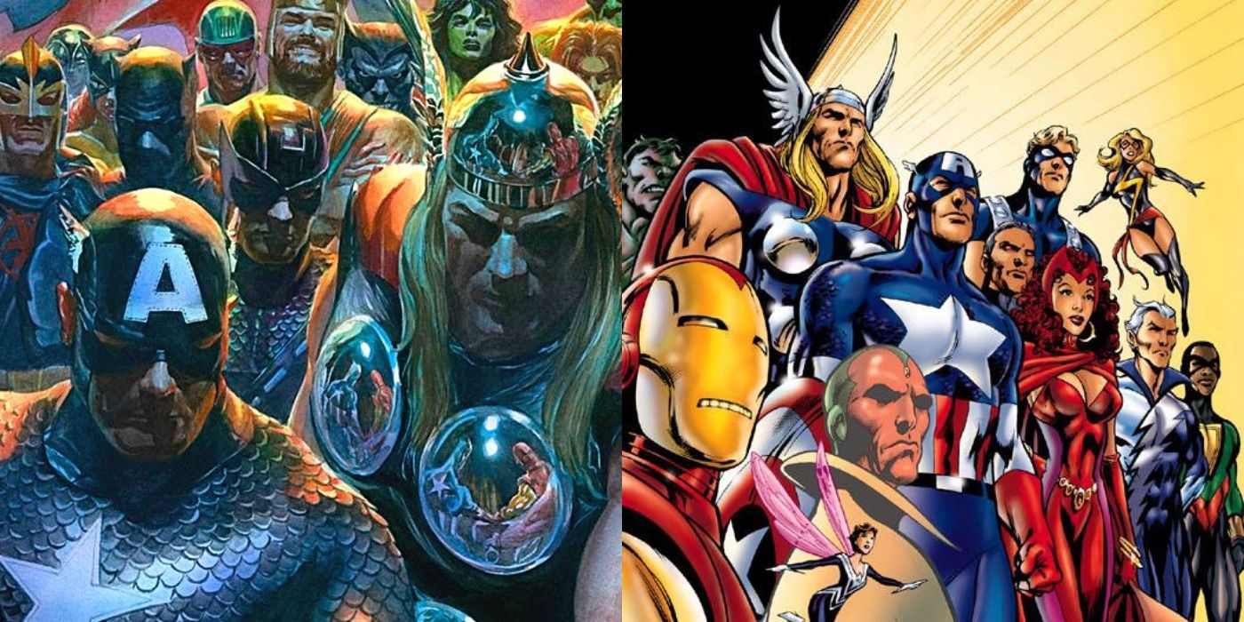 Split image of assembled Avengers by Alex Ross and Alan Davis.