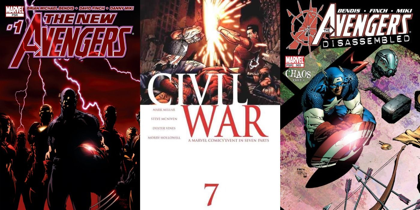 Split image of covers of New Avengers 1, Civil War 7, and Avengers 503 comics.