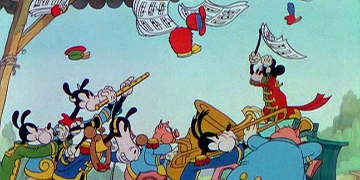 Mickey Mouse conducting a live band