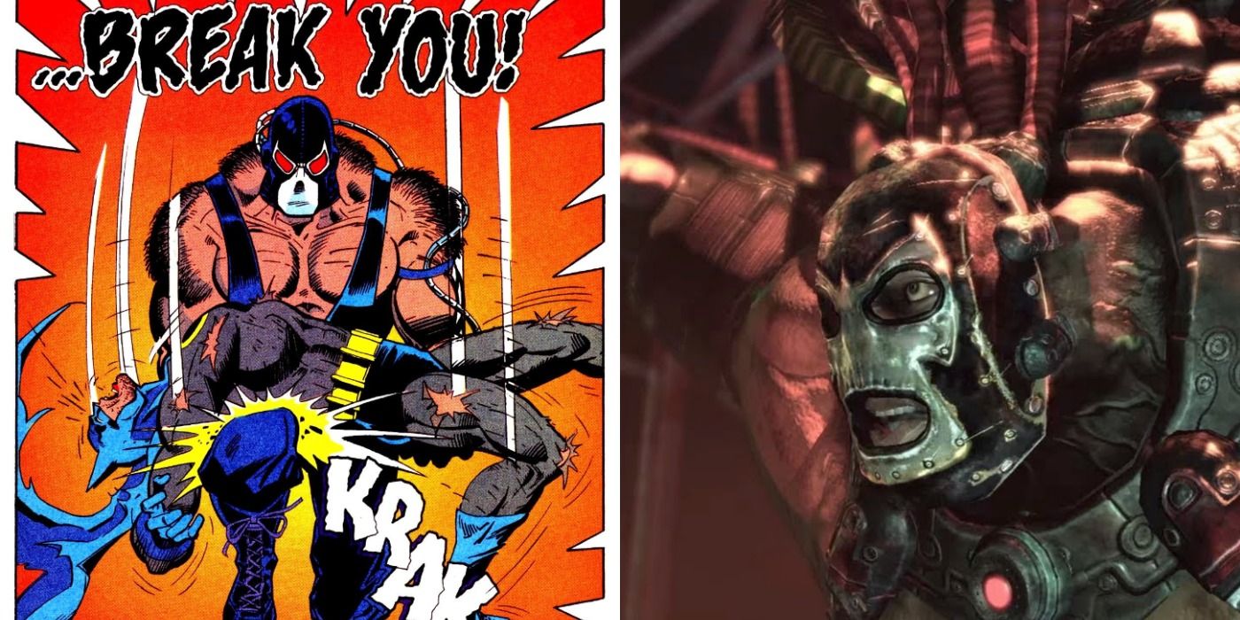 Split image of Bane breaking Batman in Knightfall and Bane in Arkham Asylum