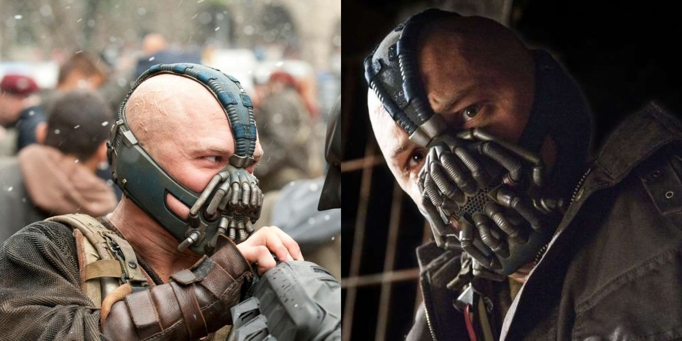 Split image of Bane fighting Batman and Bane looks down in The Dark Knight Rises