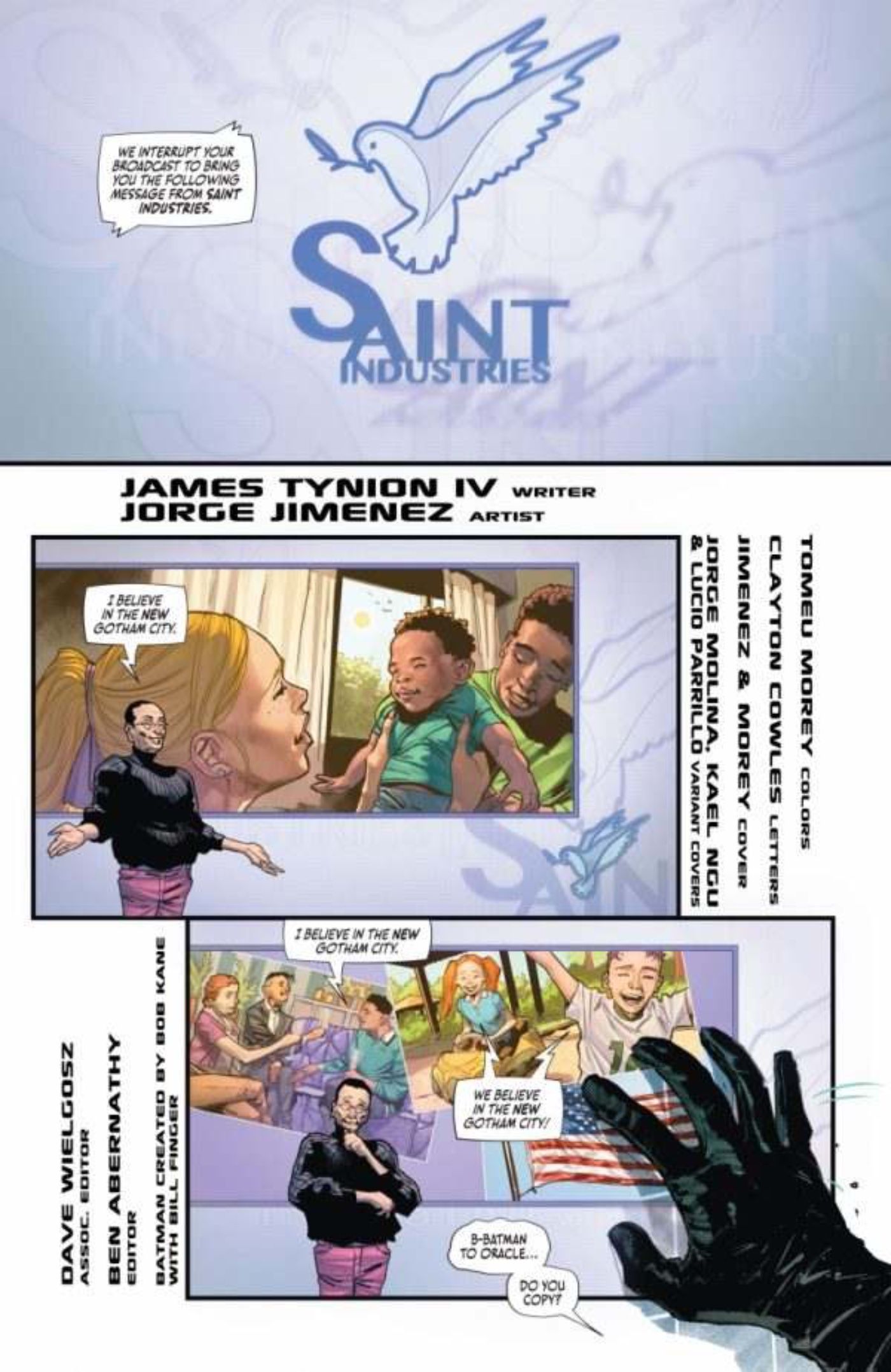 Batman 112 page featuring Simon Saint explaining his vision for a new Gotham