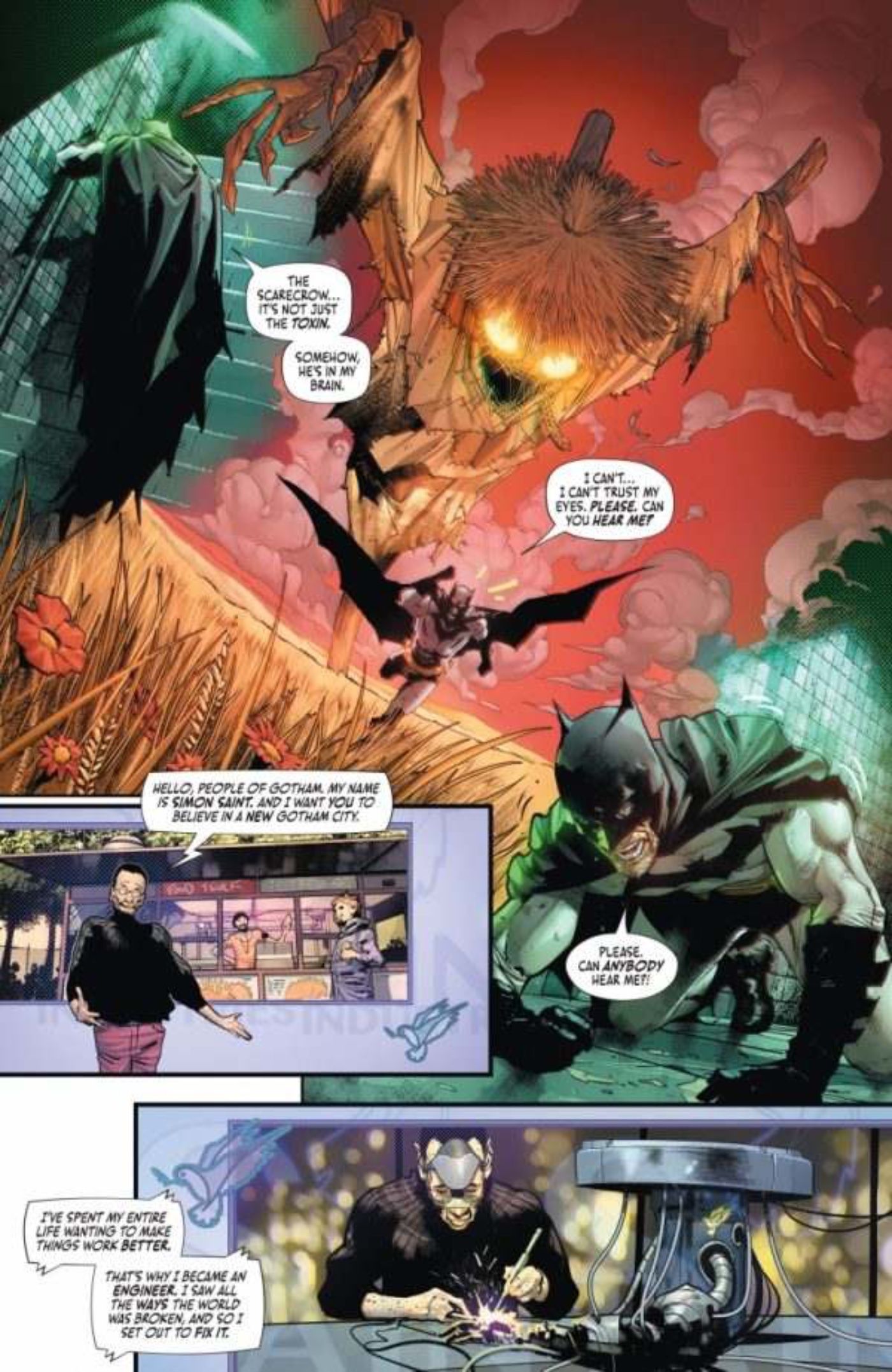 Batman 112 preview page featuring a vision of Scarecrow looming in the sky