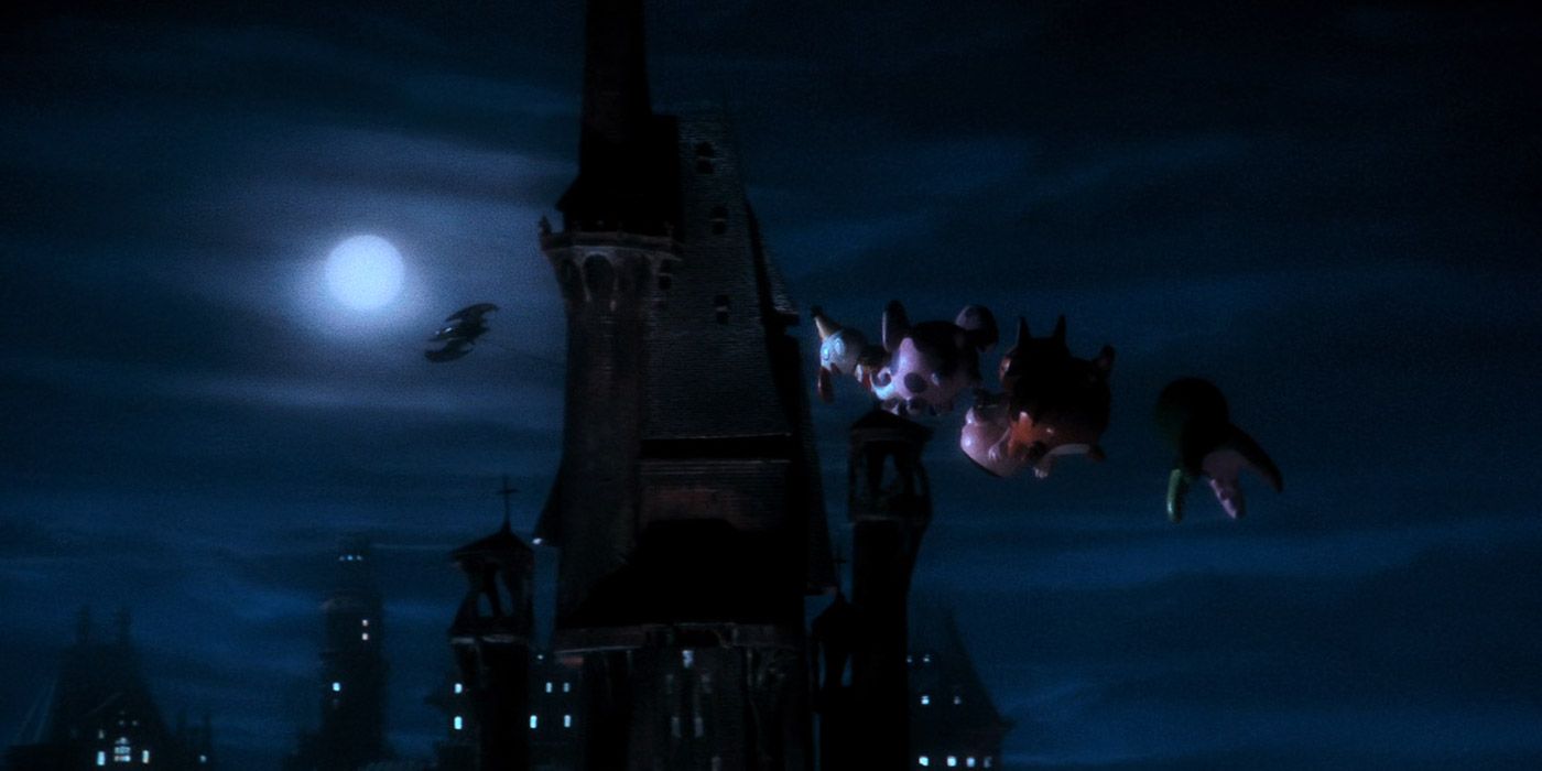 Batman carries away the Joker's balloons using the Batwing in 1989's Batman