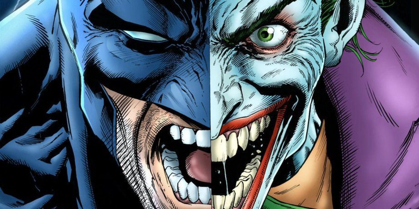 Split image of Batman and Joker yelling in DC Comics.