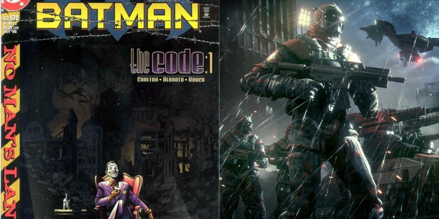 Split image of cover art for the first part of The Code and still of the Arkham Knight militia