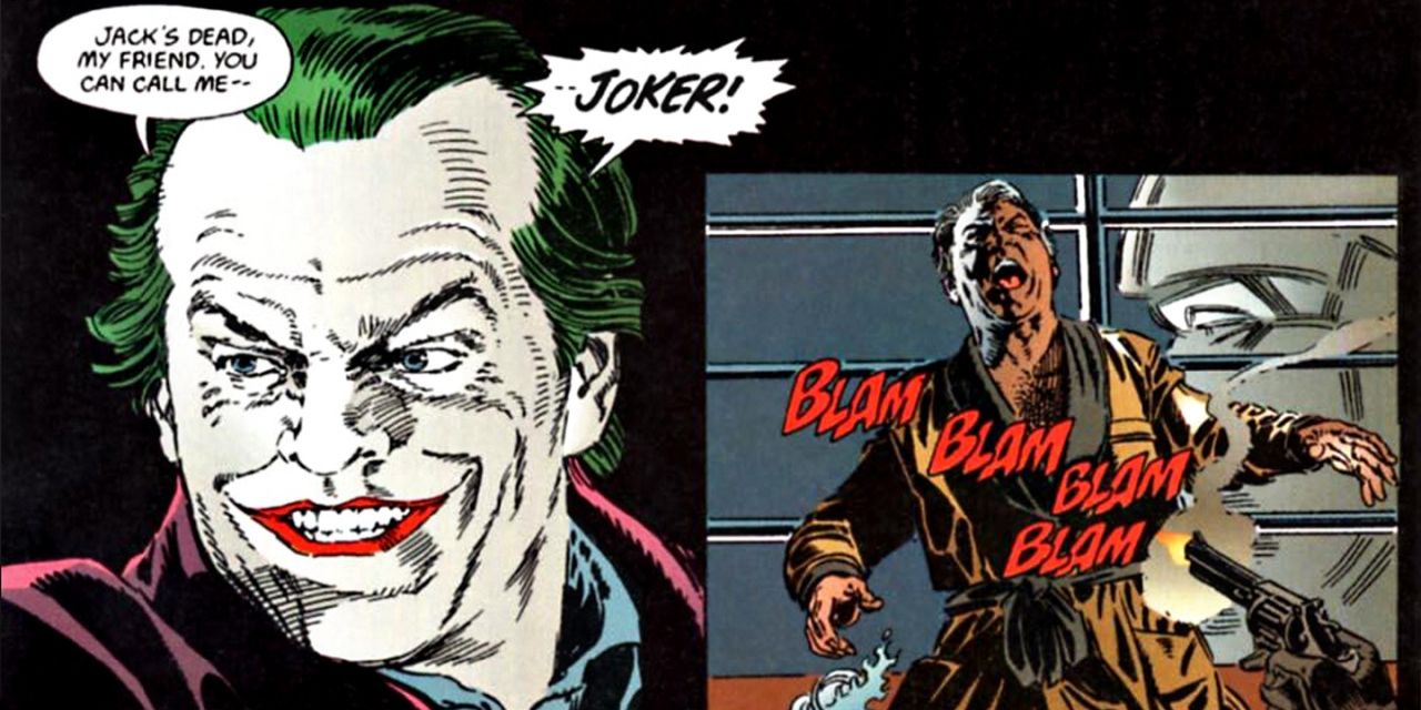 Two panels showing the Joker killing a former friend in Batman: The Official Comic Adaptation of the Warner Bros. Motion Picture.