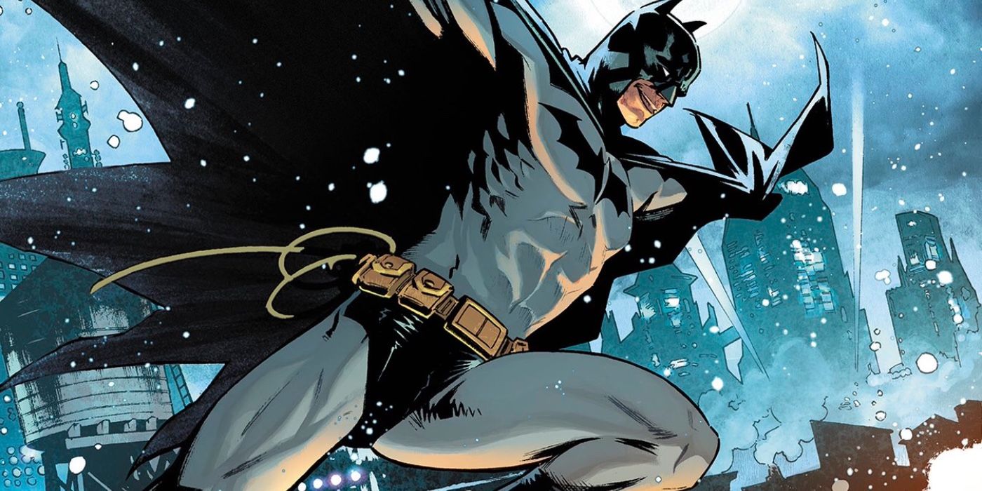 Batman swinging through the Gotham skyline while snow falls