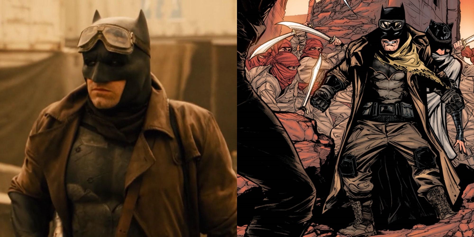 Split image of Knightmare Batman in the DCEU and comics