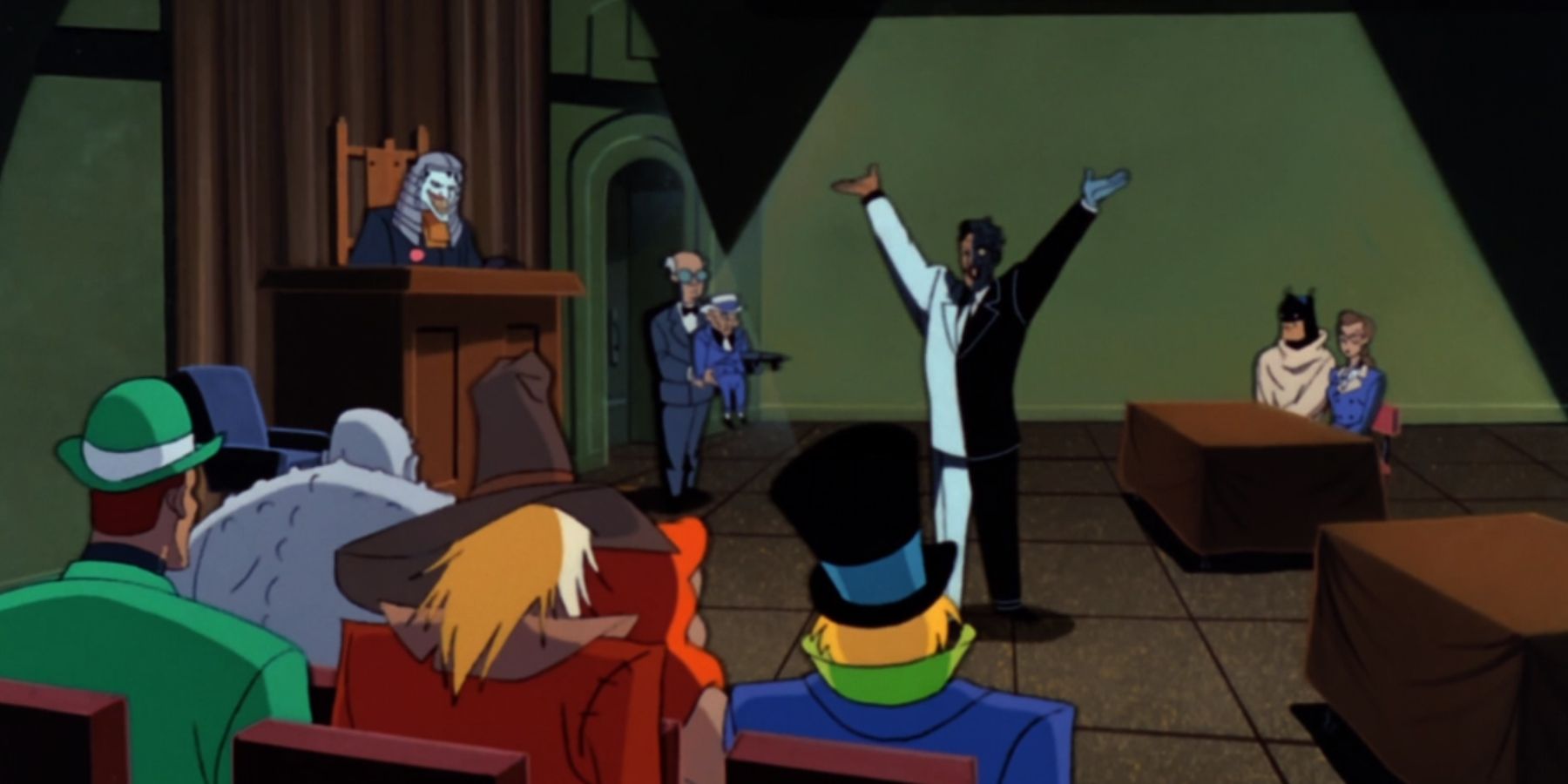 Batman sendo julgado pelos vilões de Gotham em Trial of Batman: The Animated Series
