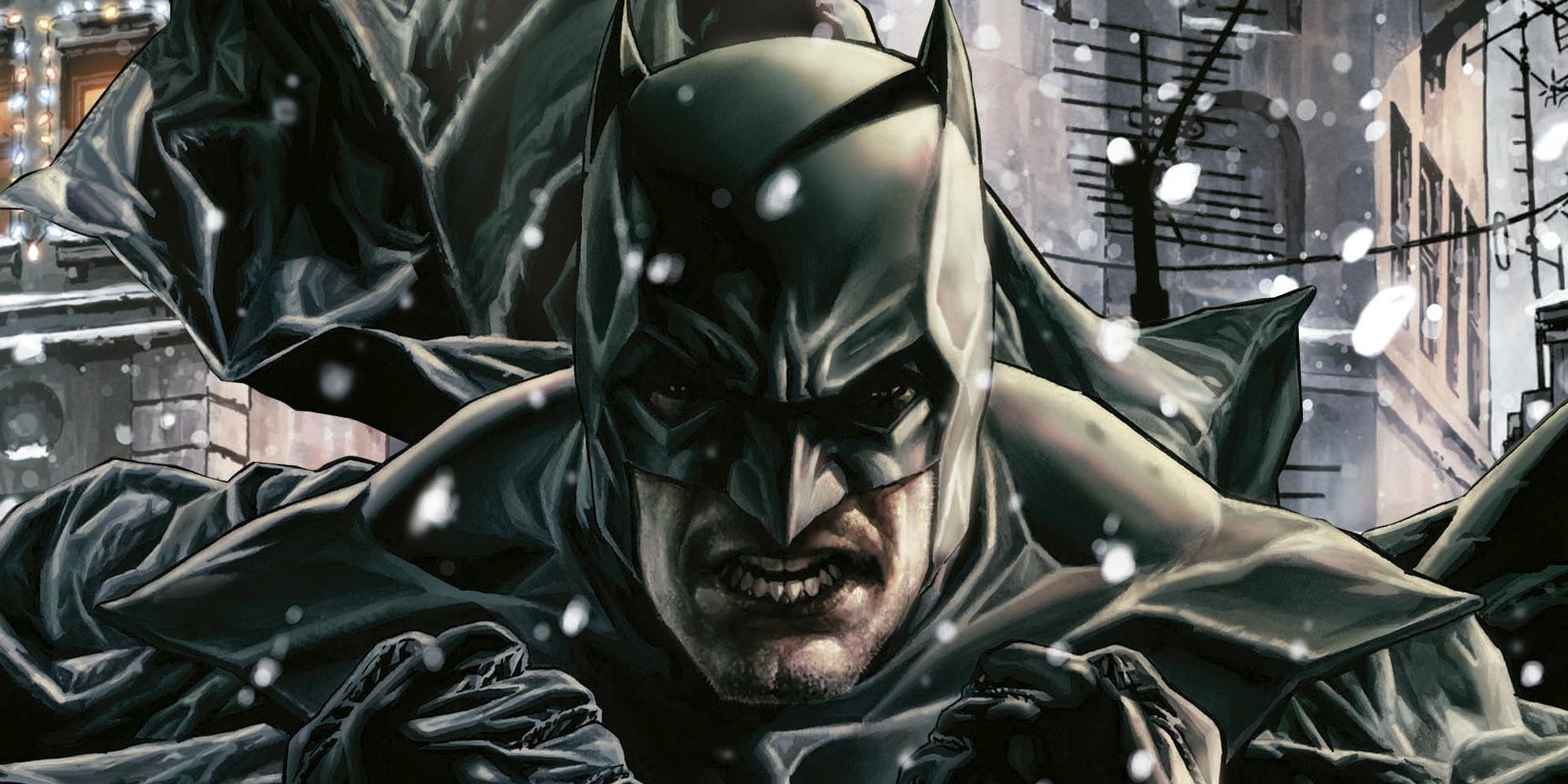 Batman walking on snow with his fists raised 
