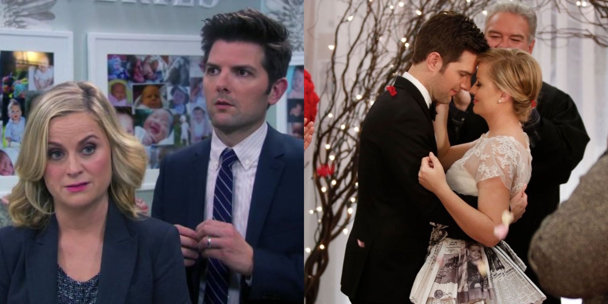 Split image of Ben and Leslie looking worried and at their wedding in Parks and Recreation