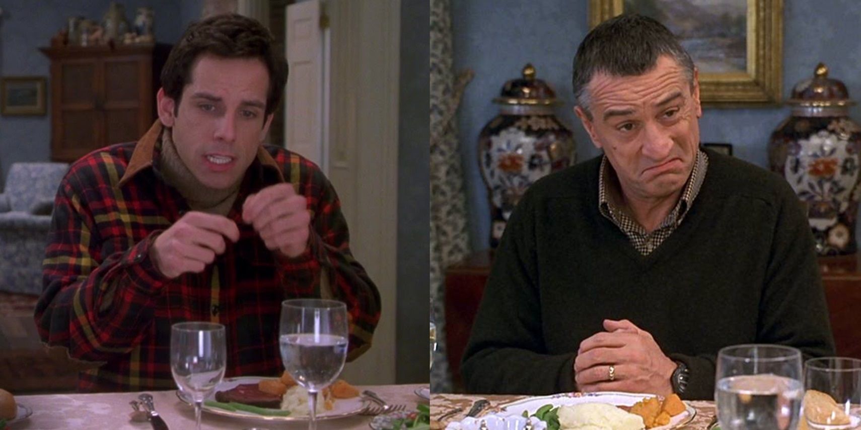 Ben Stiller pretending to milk a cat and Robert De Niro eating dinner in Meet the Parents