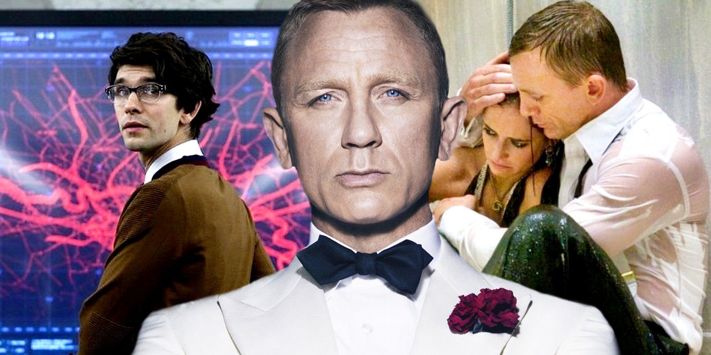 Ben Whishaw as Q, Daniel Craig as James Bond, and Eva Green as Vesper Lynd