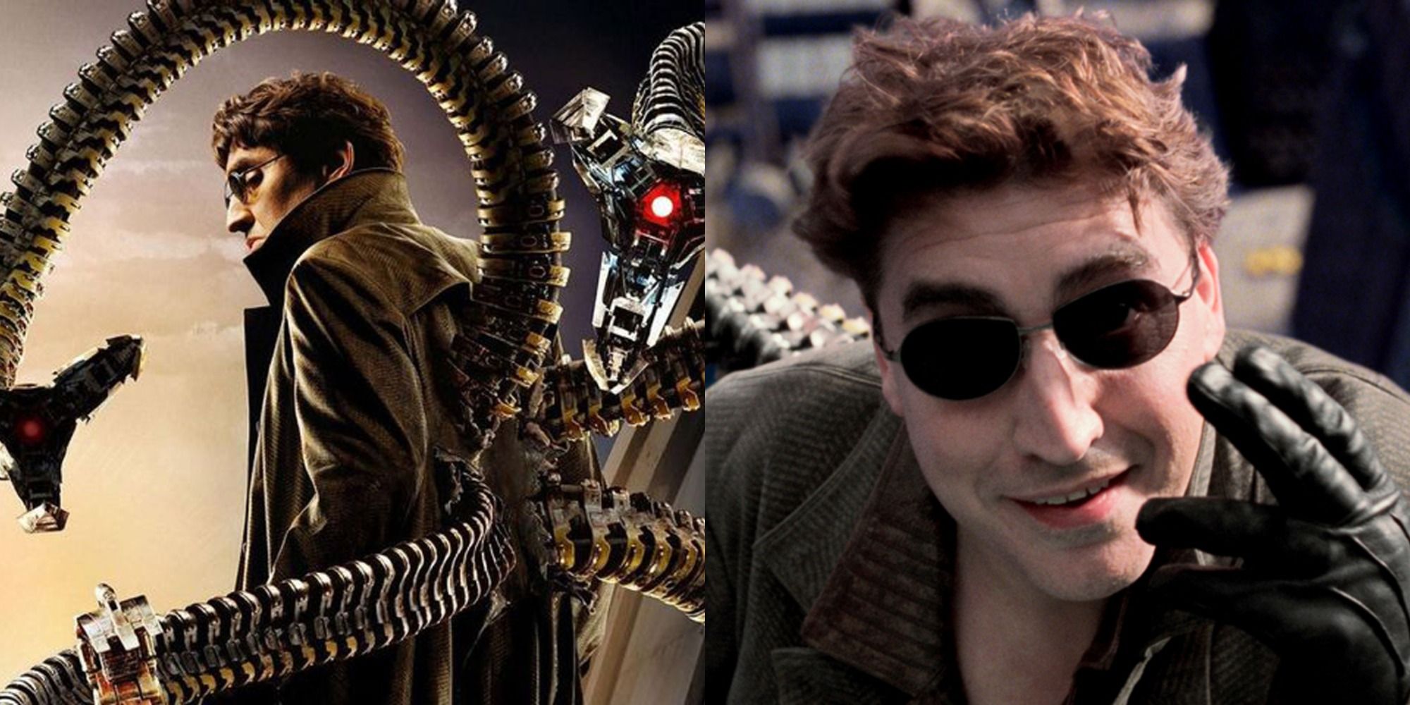 Split image of Alfred Molina as Doc Ock aka Otto Octavius in Spider-Man 2