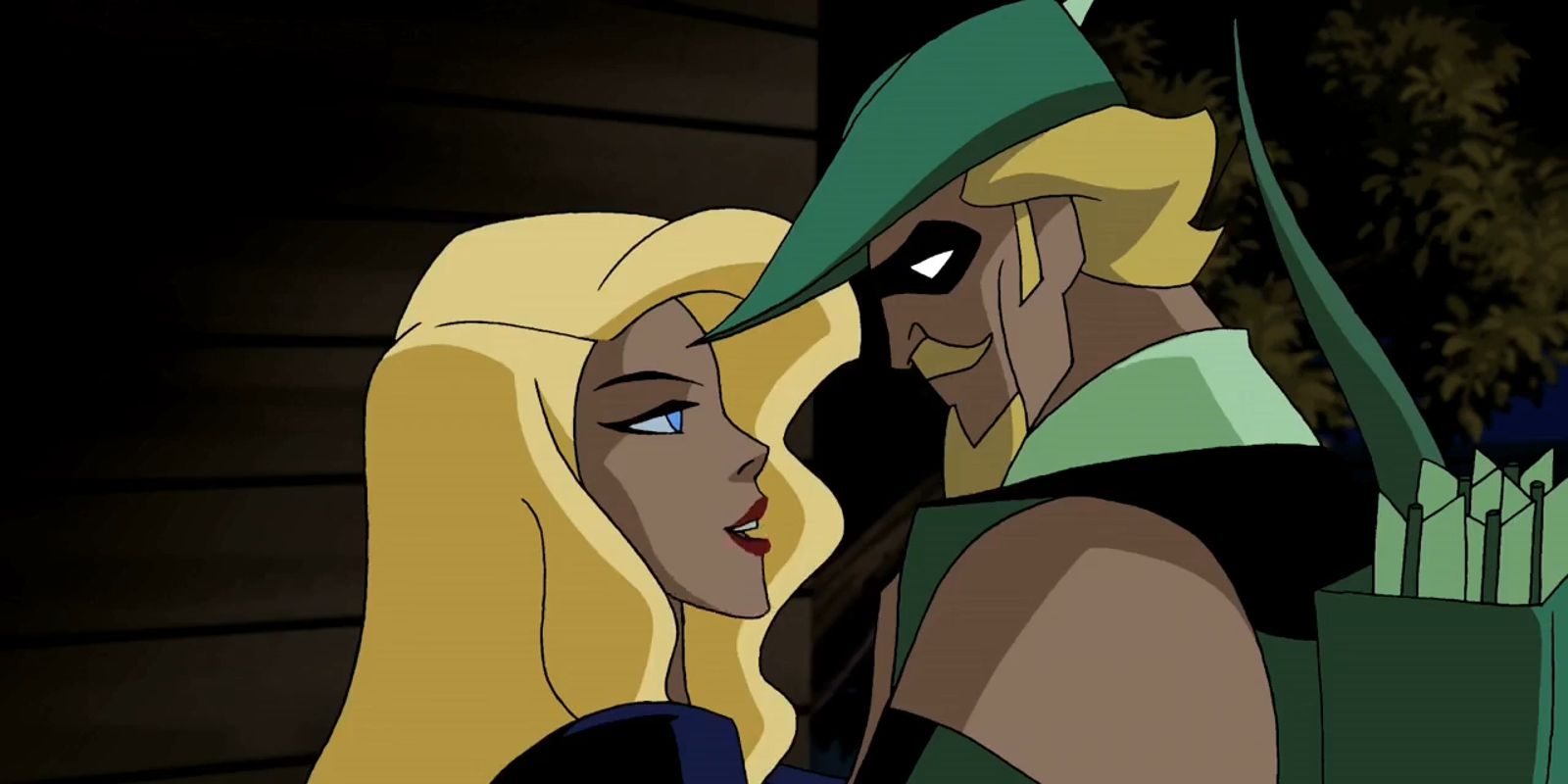 Black Canary and Green Arrow embracing each other in Justice League Unlimited