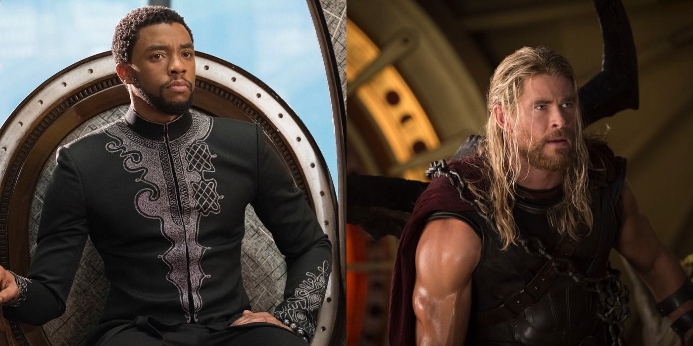 Split image of T'Challa in Black Panther and Thor in Thor: Ragnarok 