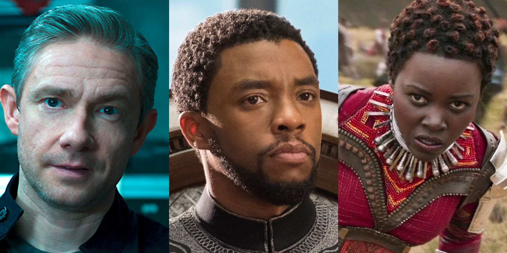 Split image of Everett Ross, T'Challa and Nakia in Black Panther