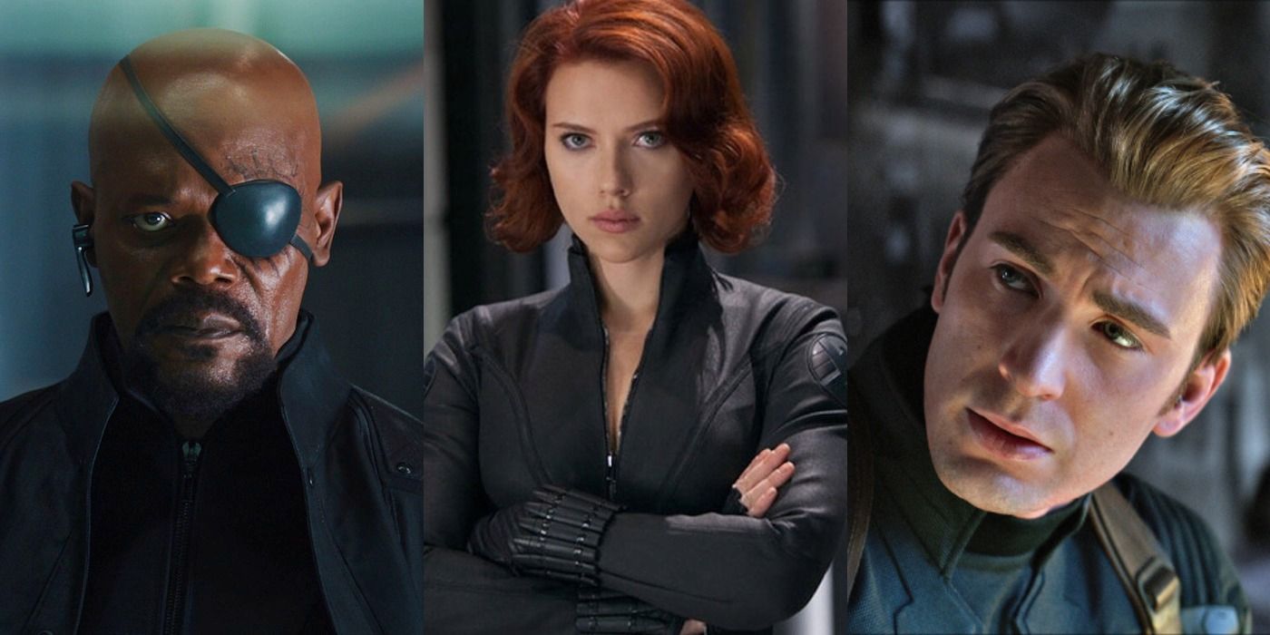 Split image of Nick Fury, Black Widow and Captain America
