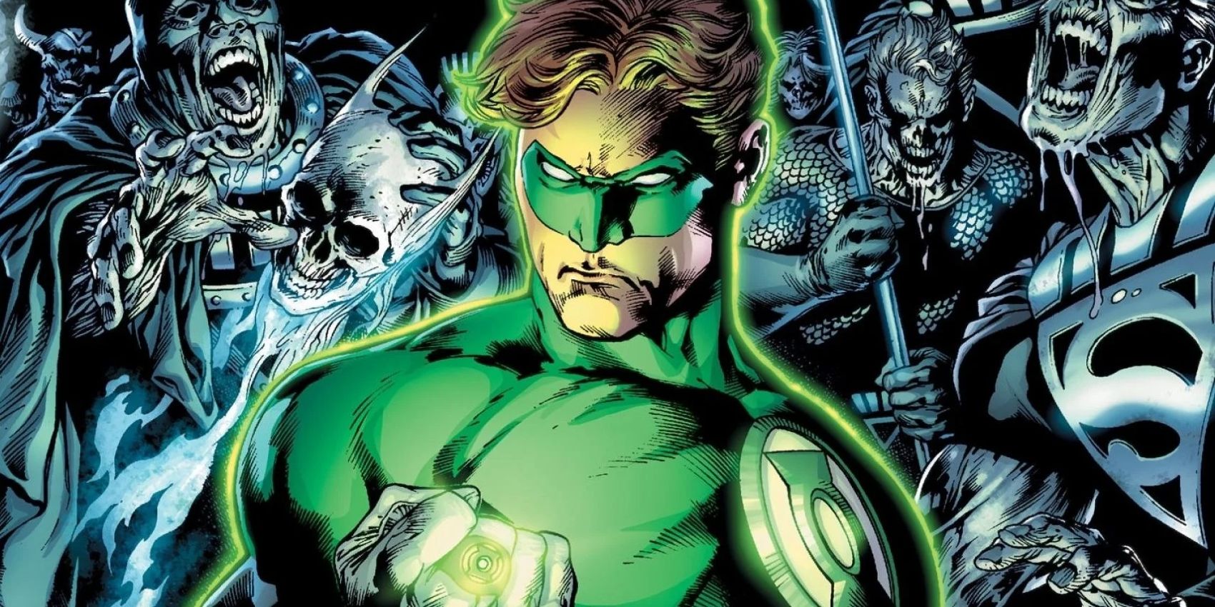 Green Lantern holds his ring as dark zombies gather behind him in Blackest Night.