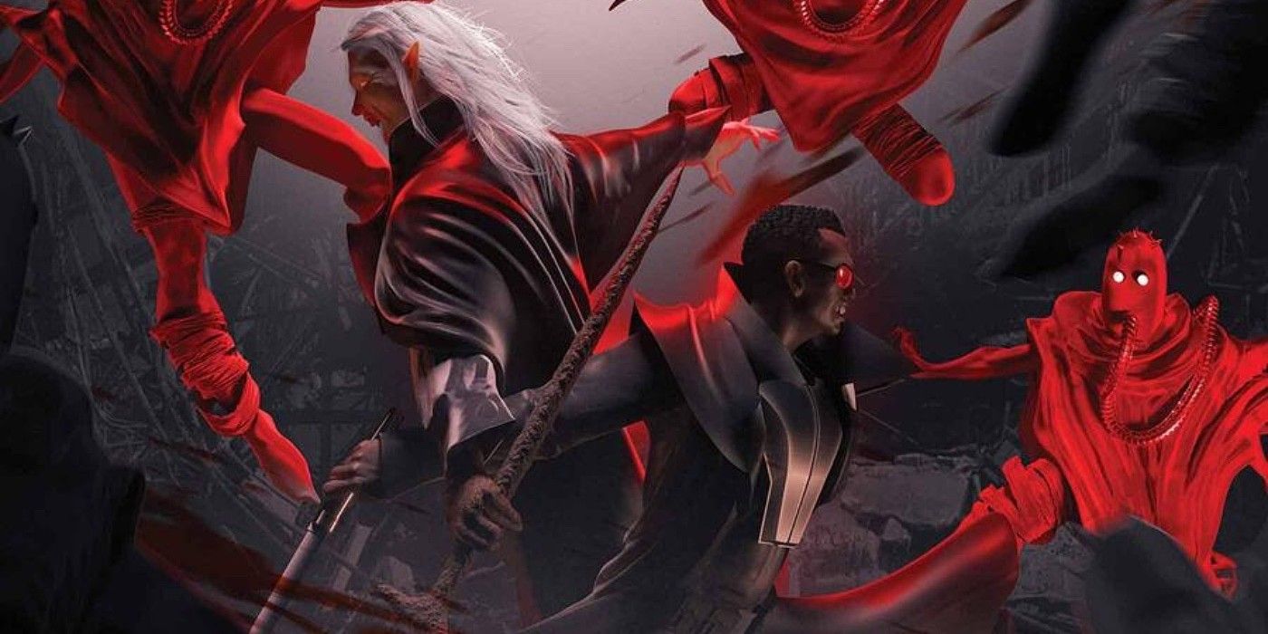 An image of Blade and Dracula fighting back to back. 