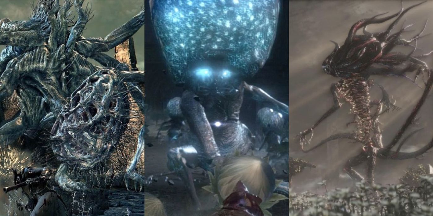 Split image of Amygdala, the Celestial Emissary, and Moon Presence from the video game Bloodborne.