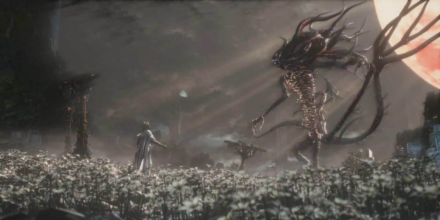 The Moon Presence descends on the player wearing a crown in Bloodborne.