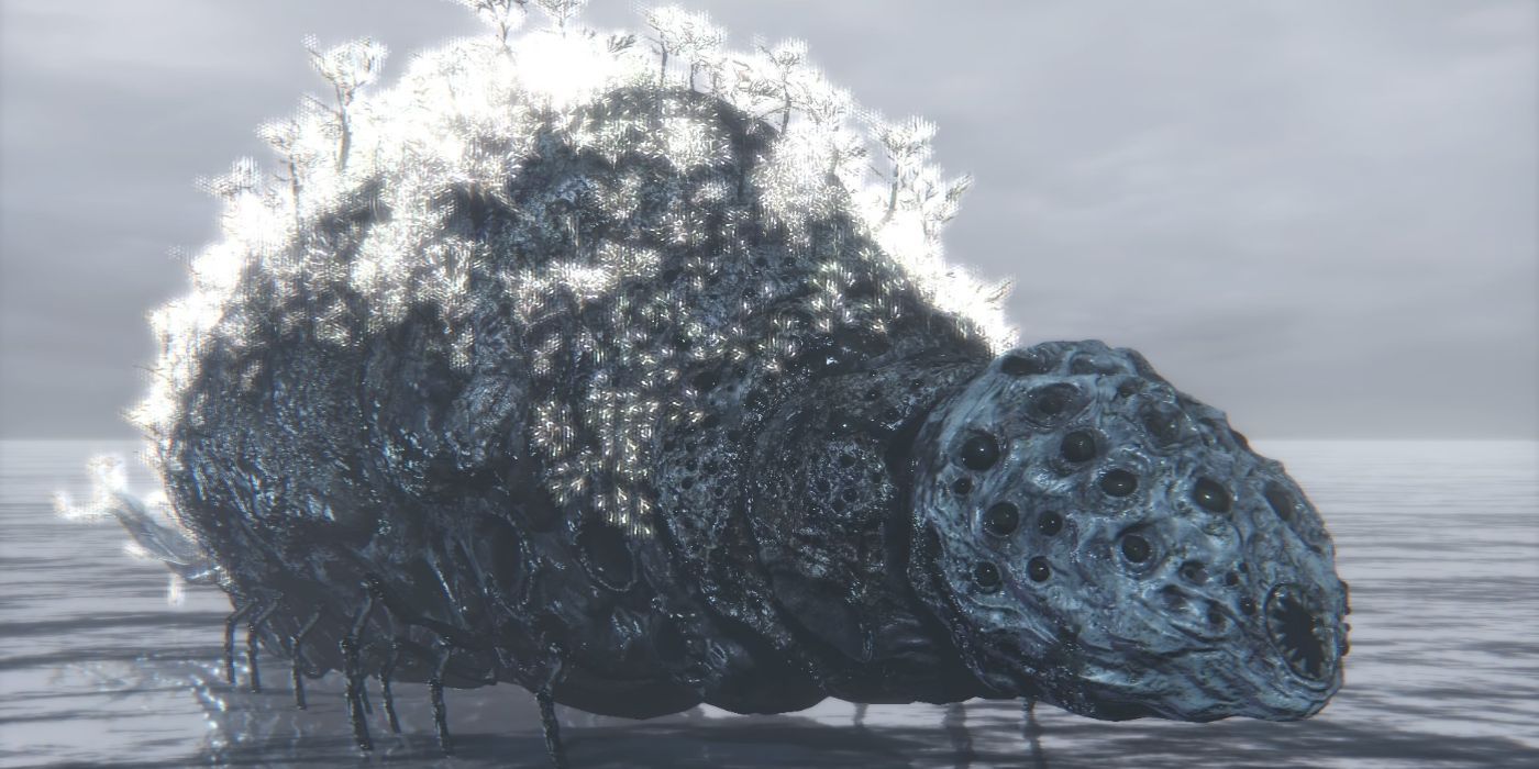 The boss Rom, the Vacuous Spider walks across water in Bloodborne.