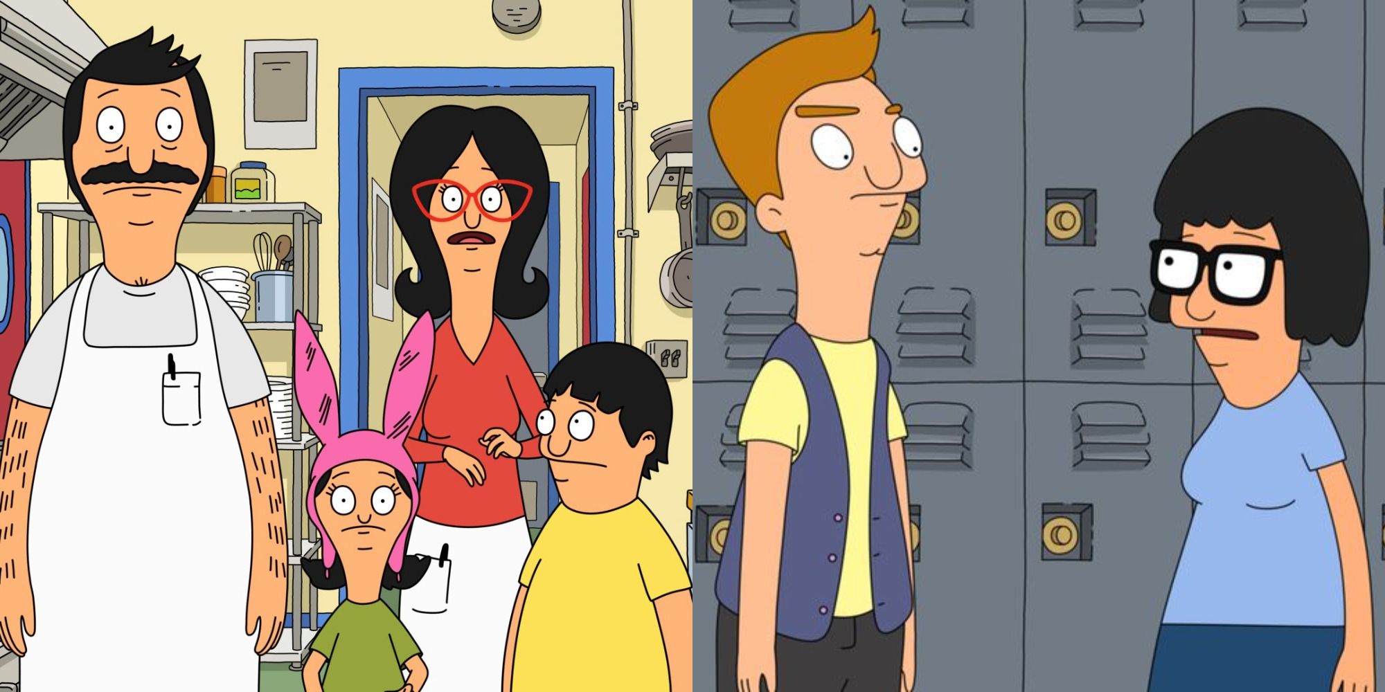 Split image of Belcher family and tina with jimmy jr.