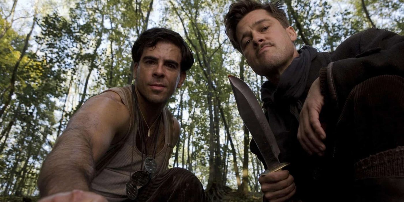 Brad Pitt and Eli Roth with knives in Inglourious Basterds.