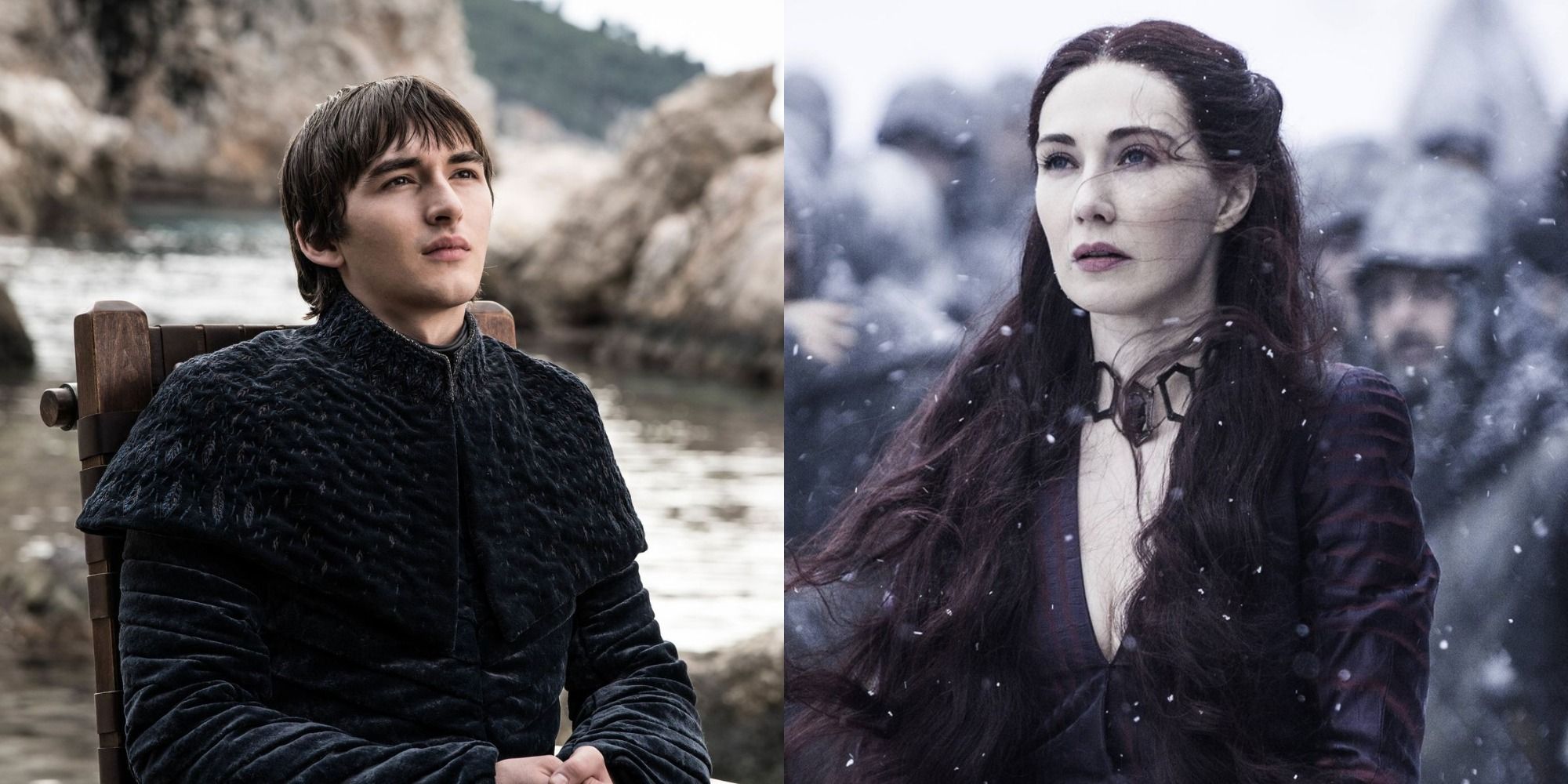 Split image of Isaac Hempstead-Wright as Bran and Carice van Houten as Melisandre in Game of Thrones