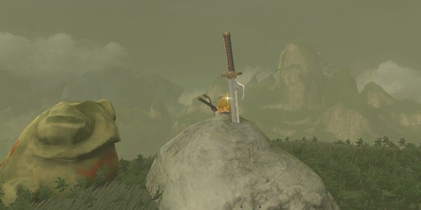 Link apporaching an Eightfold Blade in a rock in Zelda Breath of the Wild