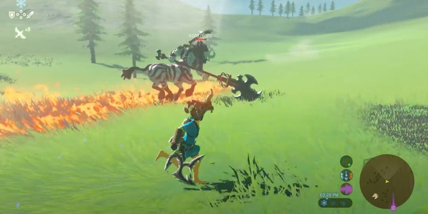 Link wielding a Lizal Tri Boomberang on a grassy field facing enemy in Zelda Breath of the Wild