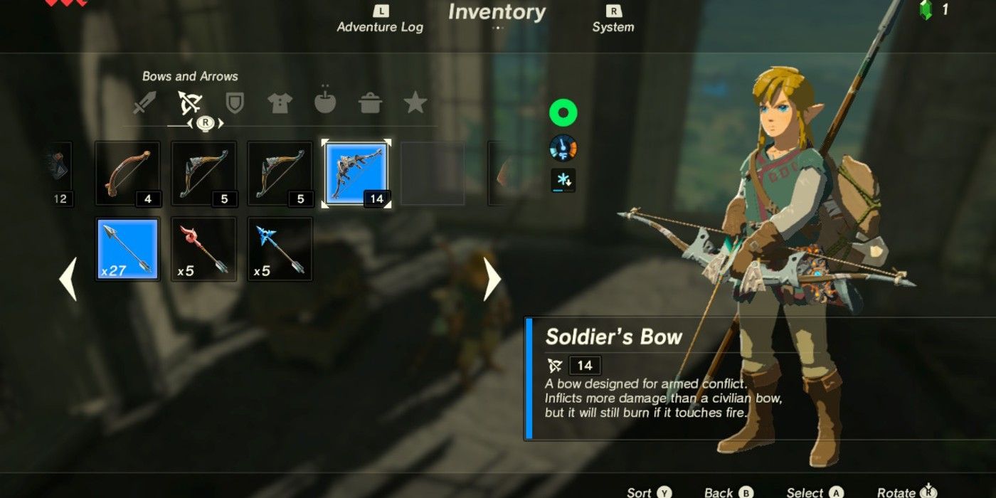 Soldier's Bow in the menu screen of Zelda Breath of the Wild 