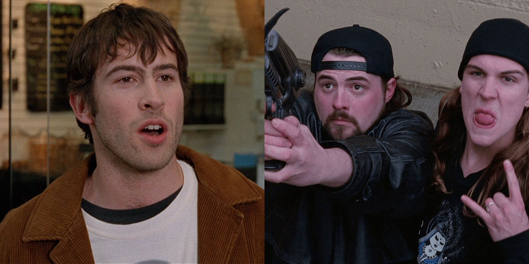 Brodie Bruce in a coffee shop and Jay and Silent Bob with a grappling hook in Mallrats
