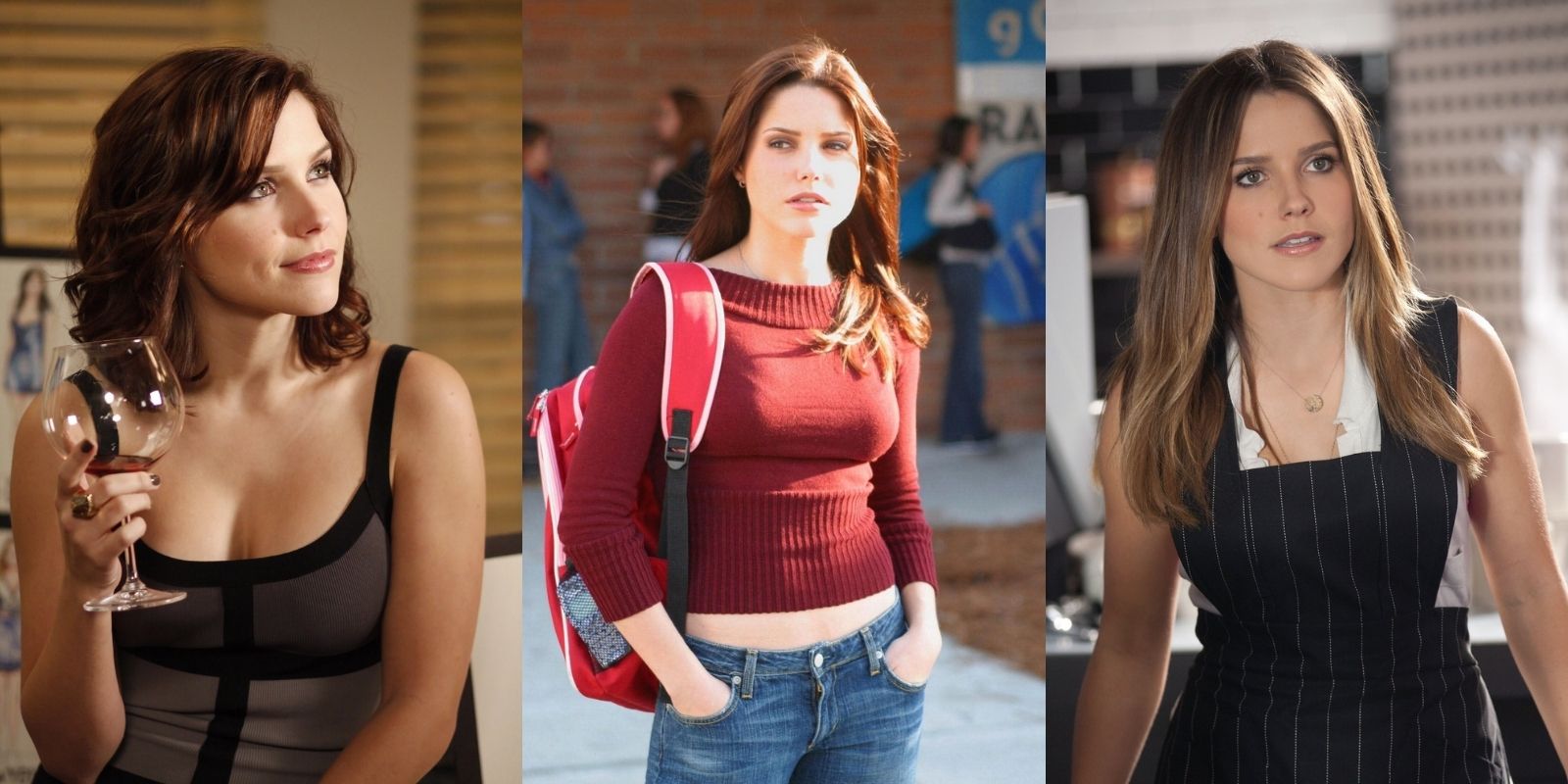 Split image of Brooke Davis holding a wine glass, in a schoolyard, and in a cafe in One Tree Hill.