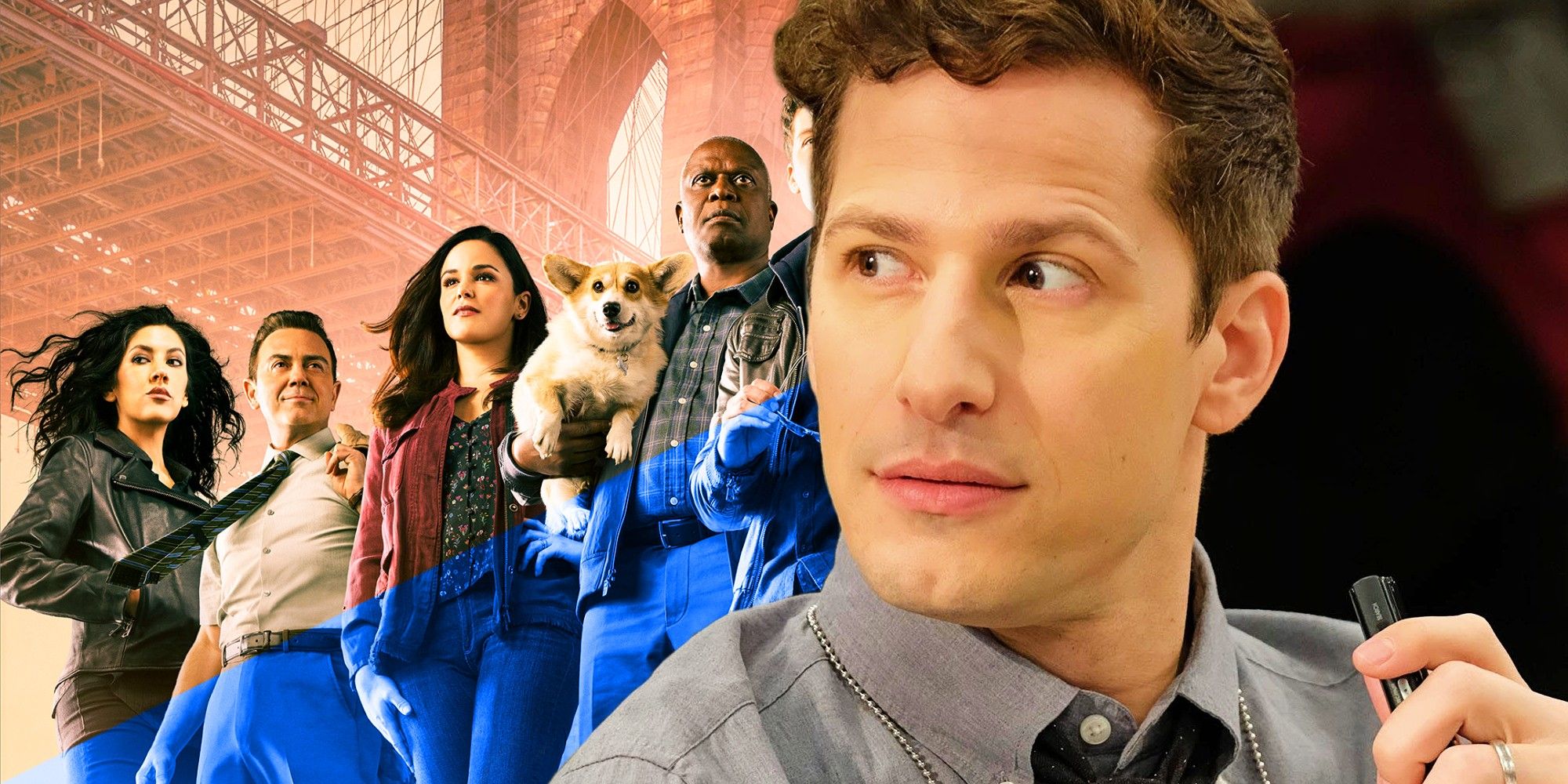 The cast of Brooklyn 99 with a close up of Jake