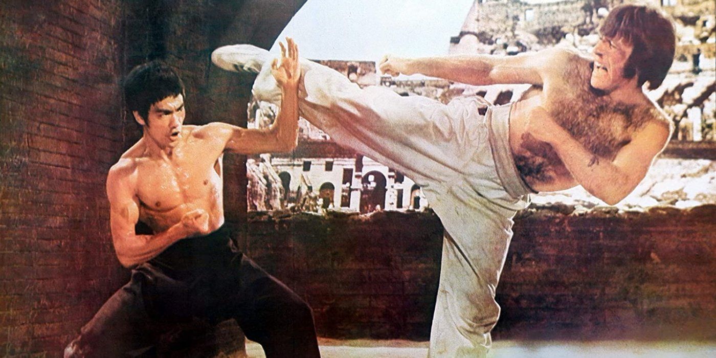 Bruce Lee blocking a kick from chuck Norris in Way of the Dragon