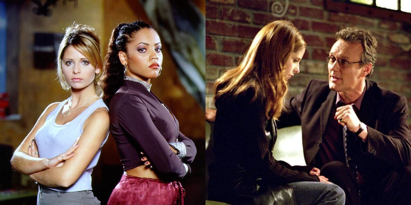 Split image of Buffy and Kendra and Buffy and Giles in Buffy the Vampire Slayer