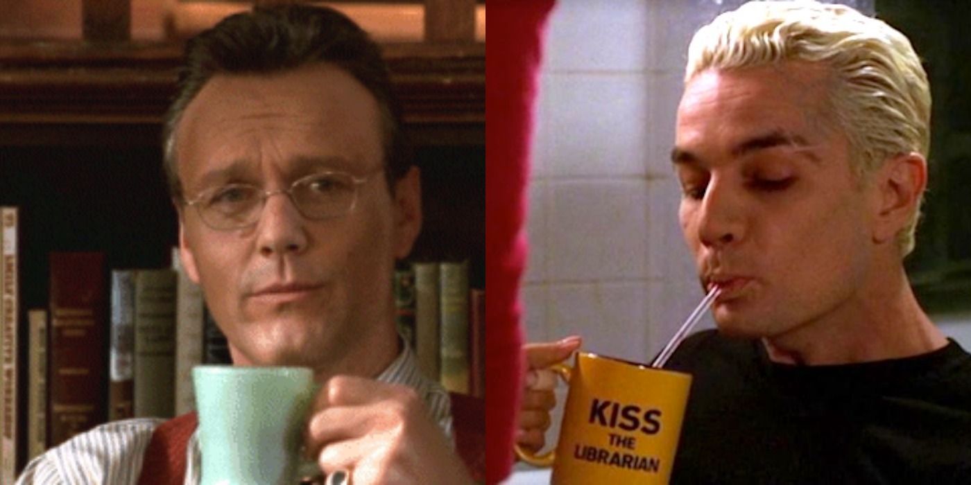 Split image of Giles and Spike each holding mugs in Buffy the Vampire Slayer