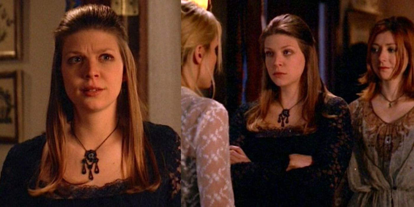Split image of Tara frowning and Tara crossing her arms, glaring at Anya in Buffy the Vampire Slayer