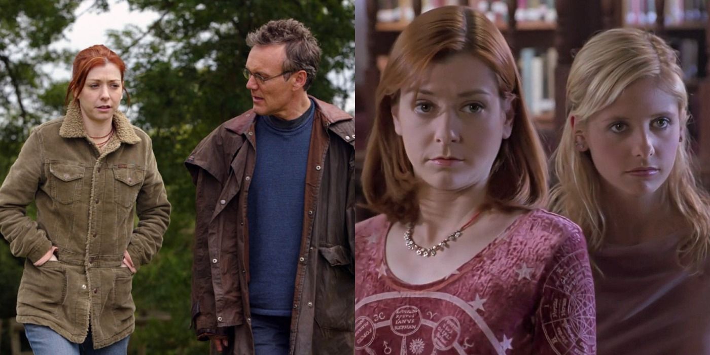 Split image of Willow and Giles and Willow and Buffy in Buffy the Vampire Slayer