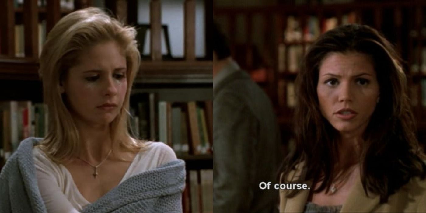 Split image of Buffy looking upset and Cordelia saying &quot;of course&quot; in Buffy the Vampire Slayer
