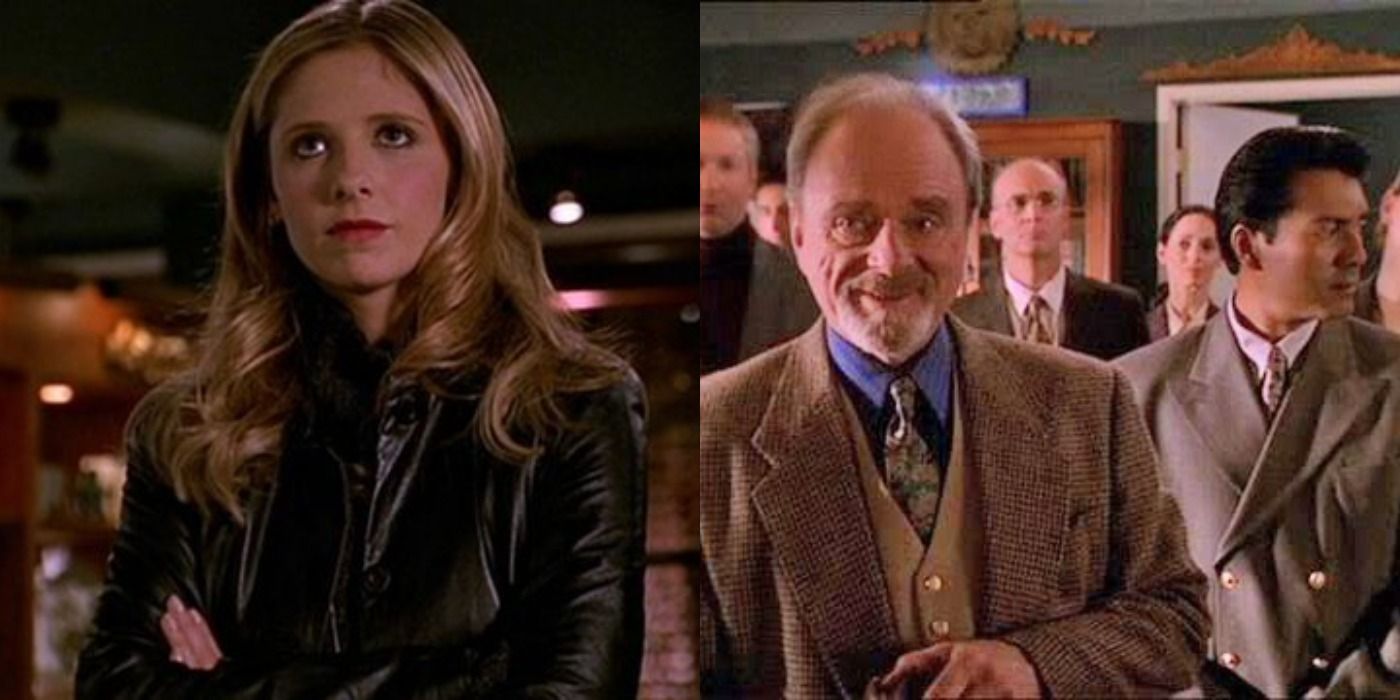 Split image of Buffy crossing her arms and the Watchers Council in Buffy the Vampire Slayer