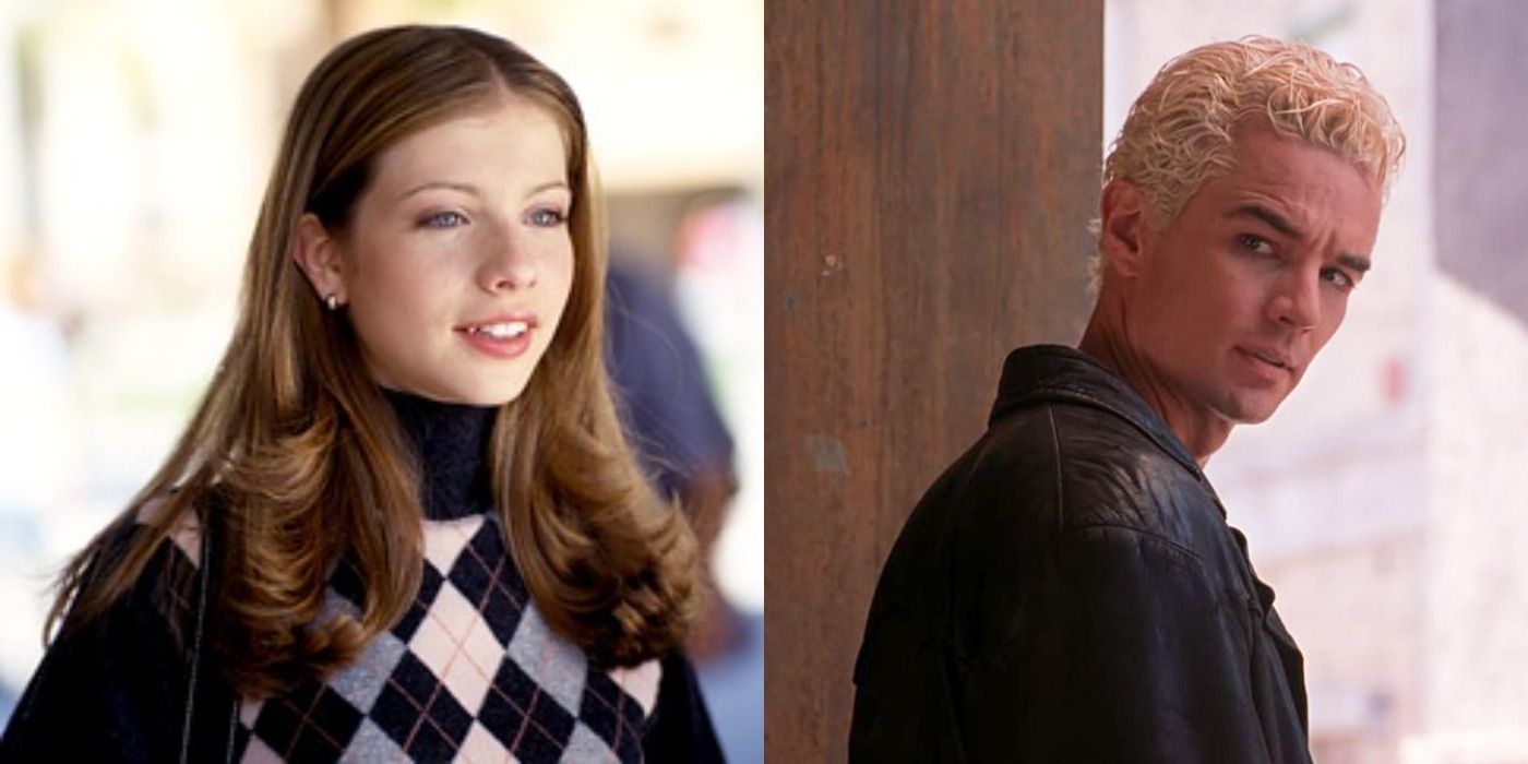 Split image of Dawn smiling and Spike looking over his shoulder in Buffy