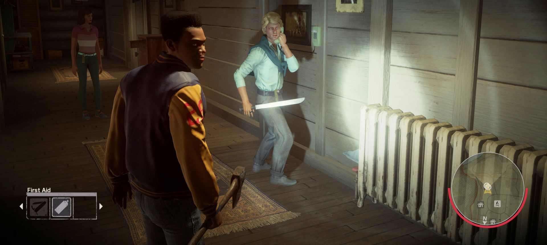 Buggzy shines a flashlight on Chad as he calls the cops in Friday the 13th The Game.