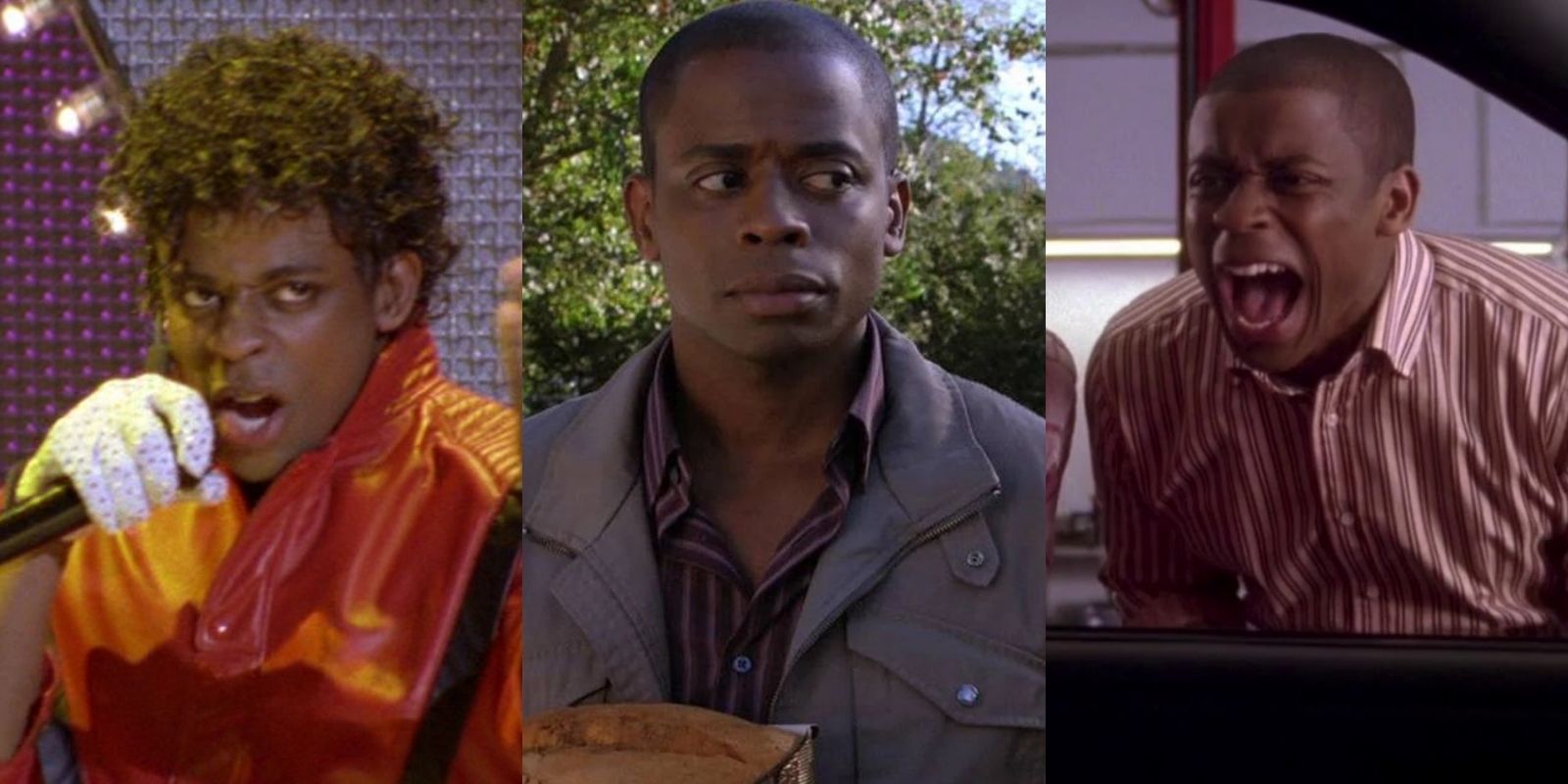 Split image of Burton singing in costume, holding a pie, & screaming in a car window in Psych.