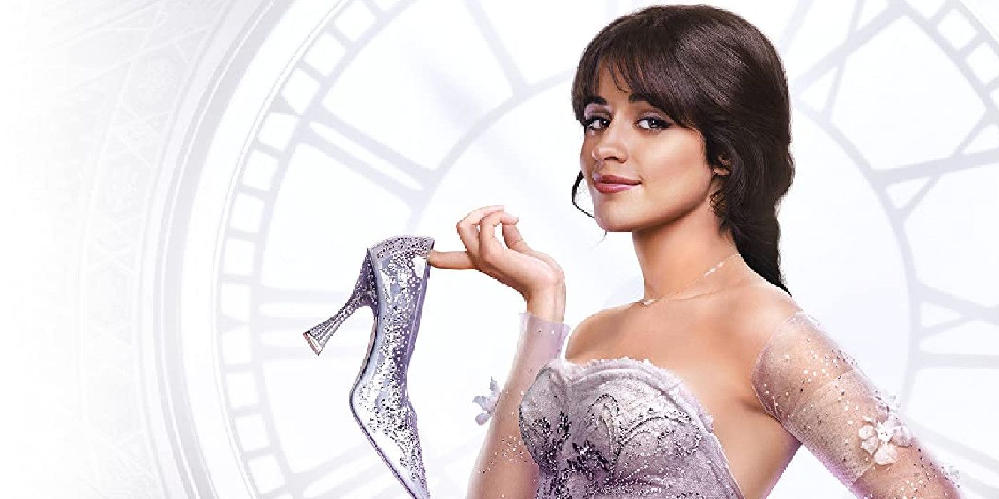 Camila Cabello as Ella lifting a glass slipper in Cinderella.